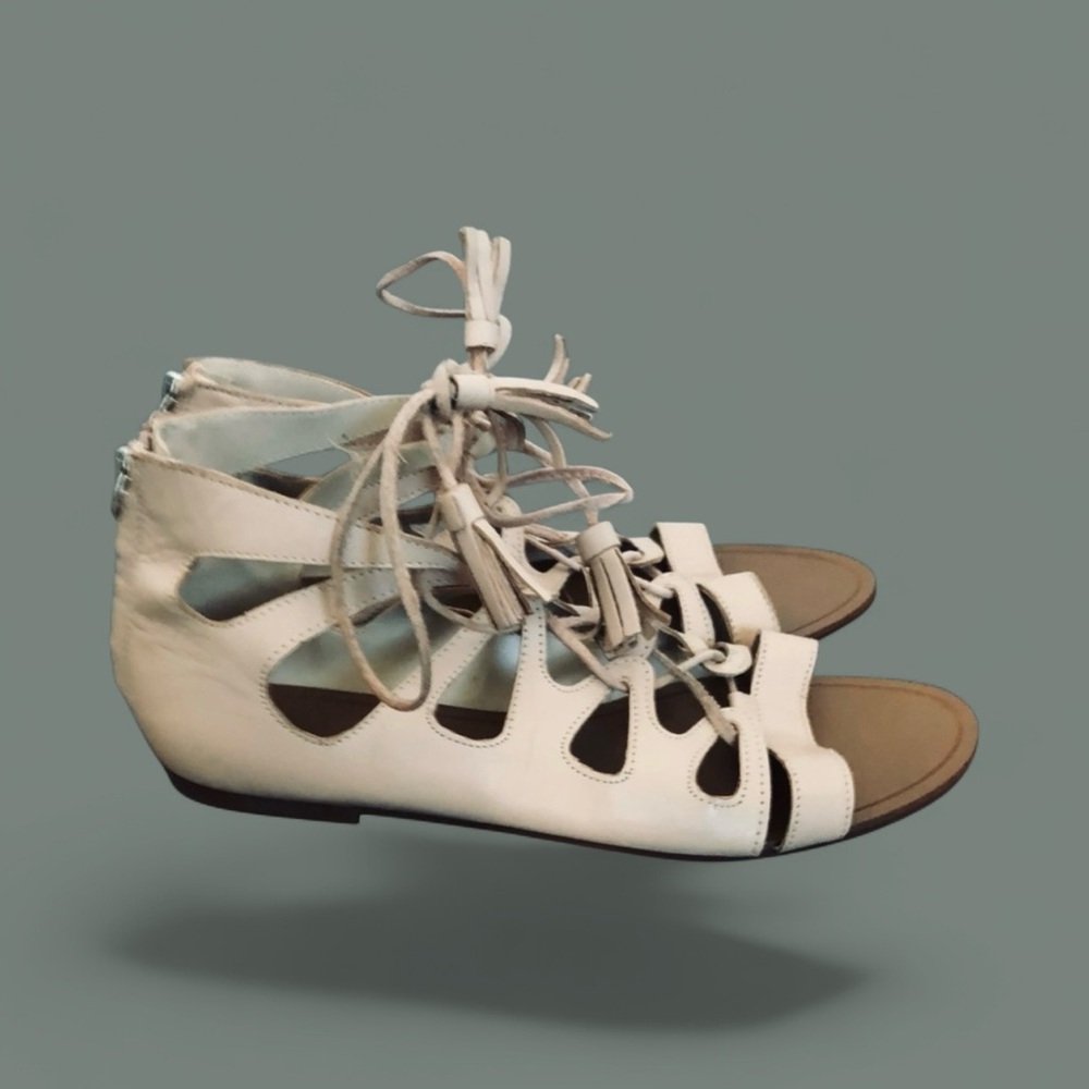 ZARA BASIC Salmon Leather Open-Lace Up Flat Sandals EUR 41 US 10.5 NWT